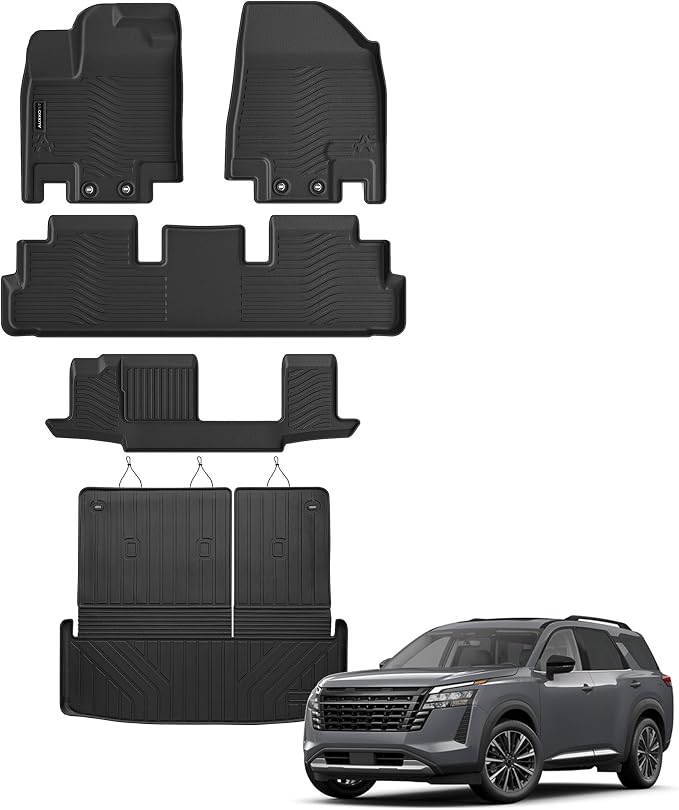 Auxko All Weather Floor Mats Cargo Mat Back Seat Mat Fit for Nissan Pathfinder 7&8 Seat 2026 2025-2022 TPE Floor Liner Trunk Mat Pathfinder Accessories All Season Odorless Anti-Slip Black