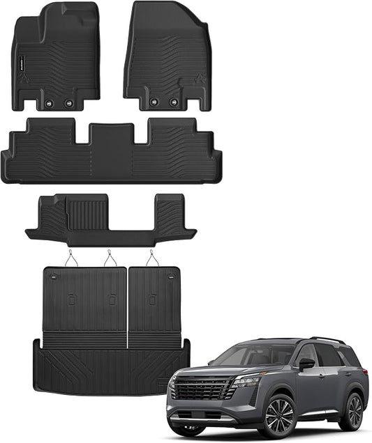 Auxko All Weather Floor Mats Cargo Mat Back Seat Mat Fit for Nissan Pathfinder 7&8 Seat 2026 2025-2022 TPE Floor Liner Trunk Mat Pathfinder Accessories All Season Odorless Anti-Slip Black