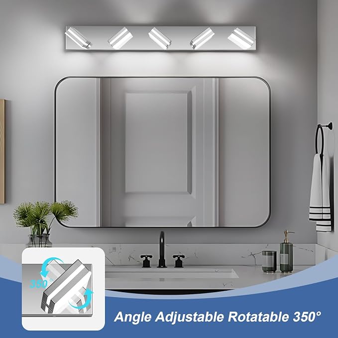 Modern LED Bathroom Lights Fixtures 5-Light,Stainless Steel Chrome Acrylic Wall Lighting,Vanity Lights for Bathroom Over Mirror 6000k 34in