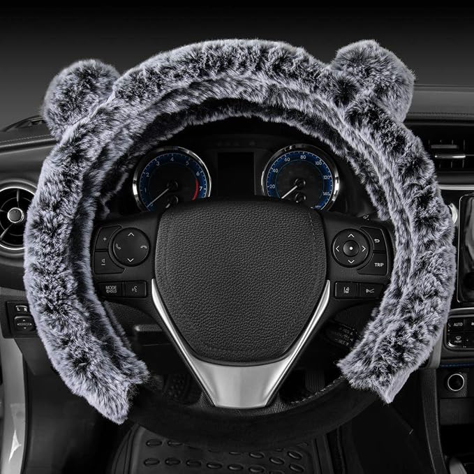 BDK Faux Fur/Wool/Sheepskin Steering Wheel Cover for Women - Cute, Bear Fur, Soft, Fluffy, and Warm, Great for Winter Gray with Ears, 14.5-15