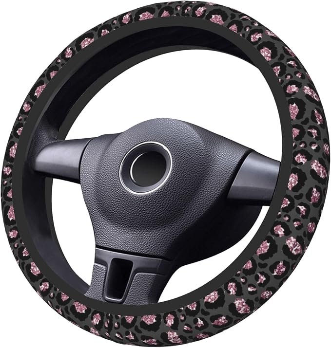 Steering Wheel Cover Universal Fit Car Interior Accessories for Women Men 15 Inch Breathable Anti Slip Odorless Neoprene Steering Wheel Cover for Car Decor Protector - Black Pink Leopard 005