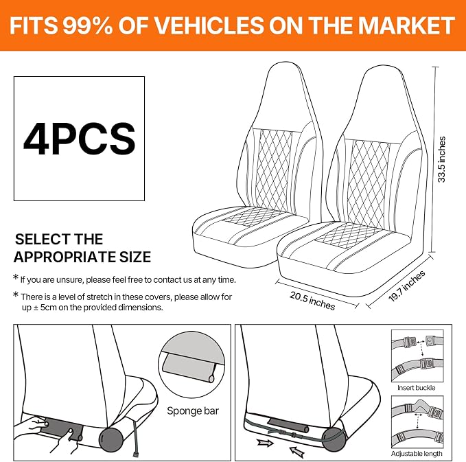TOYOUN Luxury Diamond Stitch PU Leather Front Car Seat Covers Universal | Waterproof Black White Stitching Airbag Compatible 2 Pack Premium Seat Protectors For Cars Trucks SUVs Vans Auto Accessories
