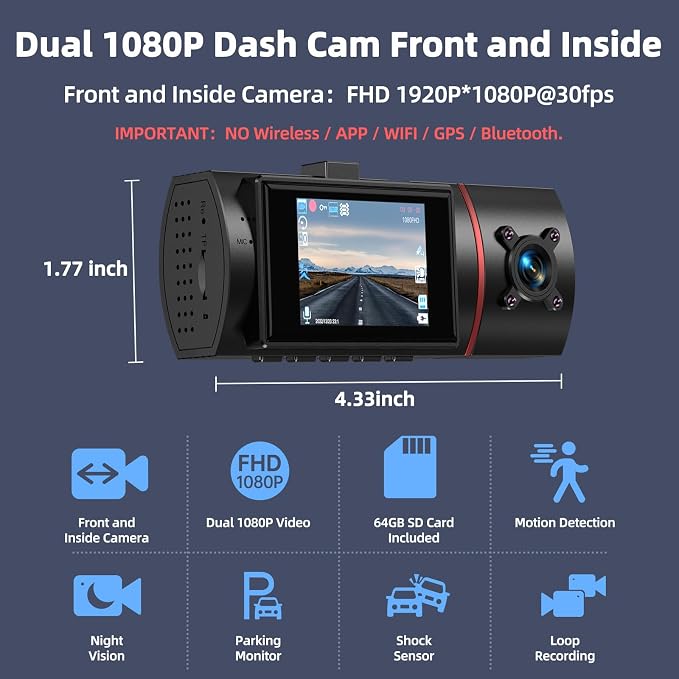 Dual Dash Cam Front and Inside with 64GB Card,1080P Dash Camera for Cars | Milerong X25 Dashcam with Night Vision,Loop Recording,G-Sensor,24H Park Monitor,Inside Car Camera for Uber/Lyft/Taxi Driver