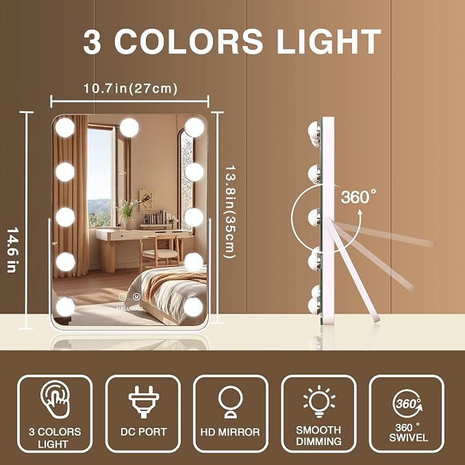 halumao 14.6" Vanity/Makeup Mirror with Lights, Hollywood Mirror with 11 Dimmable LED Bulbs,3 Color Modes,Touch Control