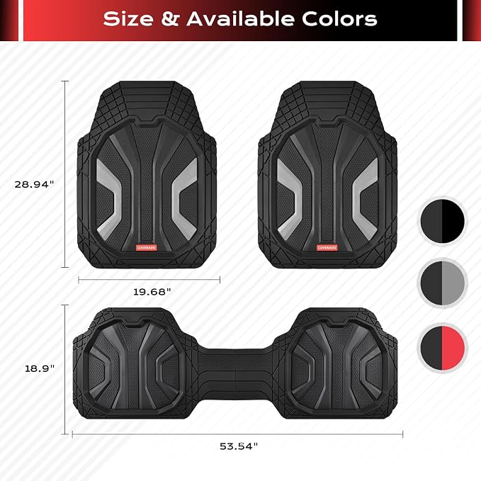 Coverado Car Floor Mats for Trucks, Waterproof All Weather Automotive Floor Mats for Front & Rear, Deep Dish Car Mat with Anti-Slip Backing, Trim to Fit Floor Liners for Cars (3 Pcs, Black&Gray)