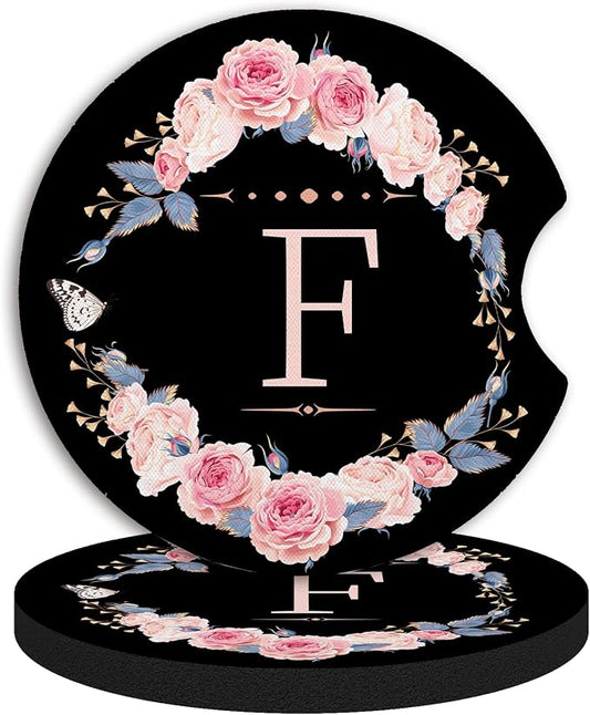 2pcs Letter F Car Coasters,Absorbent Universal neoprener Cup Holder Coasters with a Finger Notch,Car Accessories for Women&Man Interior，2.75"