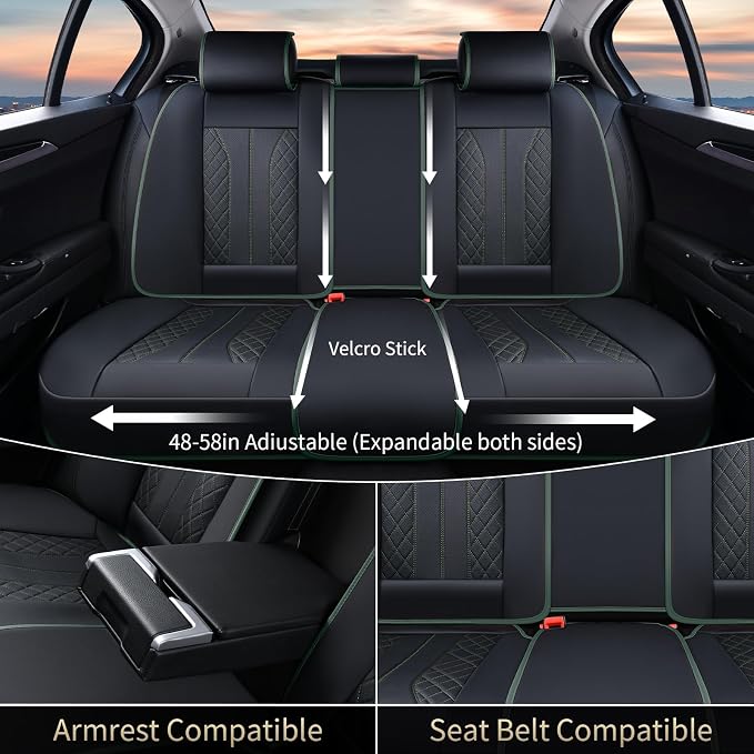 FLORICH Leather Seat Covers Full Set Automotive Car Seat Cover Front and Back Waterproof Auto Seat Covers Full Coverage Car Seat Protector Cushion Universal Fit for Most Cars SUV Trucks, Black&Green