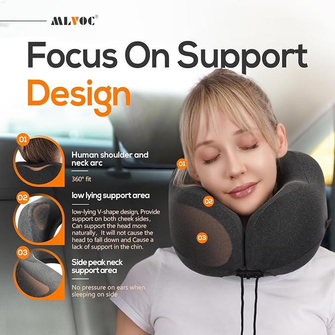 MLVOC Neck Pillow for Traveling, Upgraded 100% Pure Memory Foam Travel Neck Pillow for Airplane Flight Sleep, Breathable & Machine Washable Cover, Travel Kit with 3D Eye Mask, Earplugs & Bag, Black | Curved Neck & Chin Support, Rope Lock Fit, Memory Fo...
