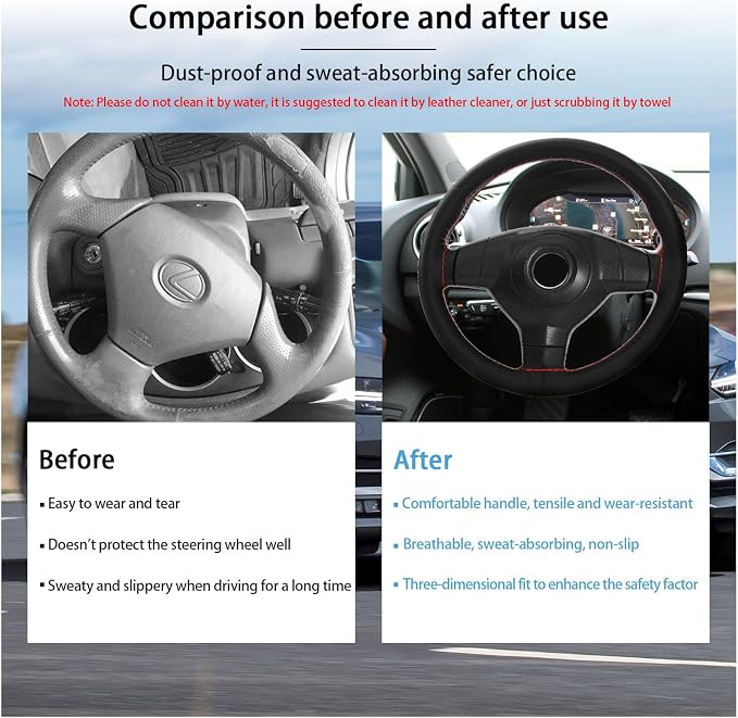 Kewucn Genuine Leather Steering Wheel Cover, 15" Universal Car Steering Wheel Protector with Needle Thread, Breathable Anti-Slip Steering Wheel Cover DIY Stitch on Wrap (Black & Red, Glossy)