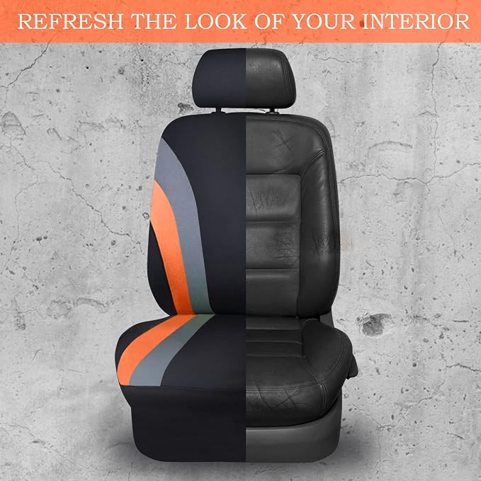CAR PASS Line Rider Sporty Cloth 11PCS Universal Fit Car Seat Cover -100% Breathable with 5mm Composite Sponge Inside,Airbag Compatible,3zipper Bench(Full Set, Black and Orange)