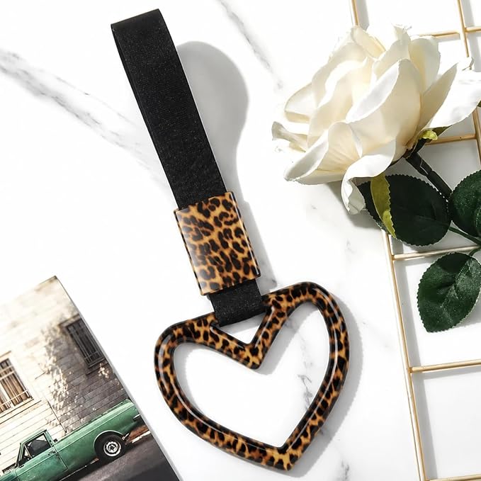 Fabbay Bling Car Accessories Bling Heart Handle Ring Car Accessory for Women Hearts Hand Strap Drift Charm Rear Bumper Warning Ring Decor for Auto Interior Exterior Decoration(Leopard,Heart Style)