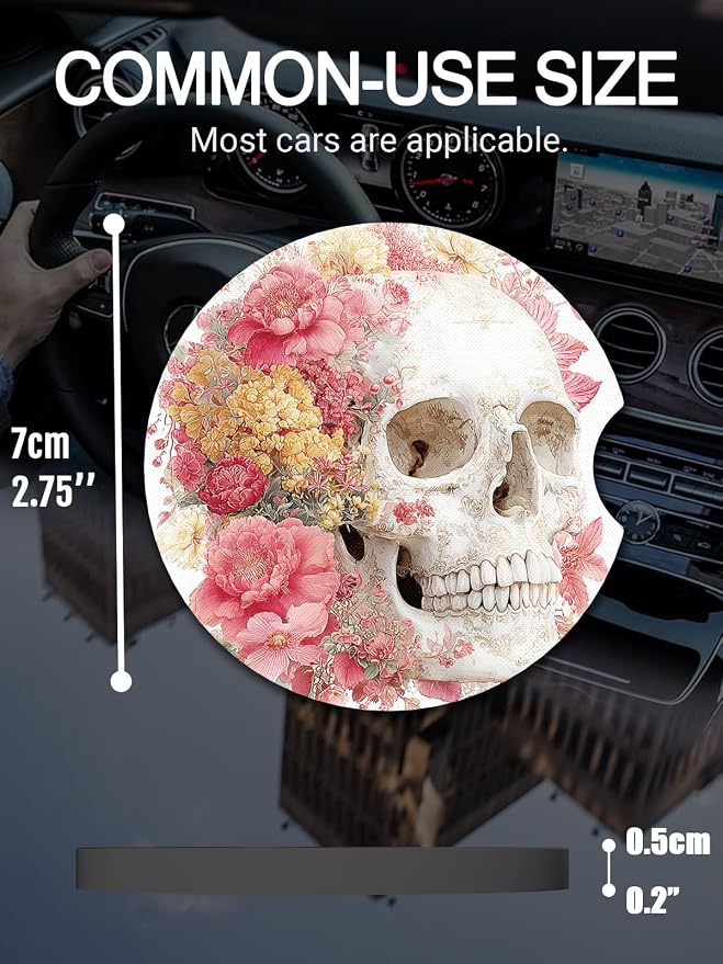 WOCOCN Cute Cup Holder Coasters for Your Car with Fingertip Grip, Auto Accessories for Women & Men,Pack of 2 (Flower Skull)