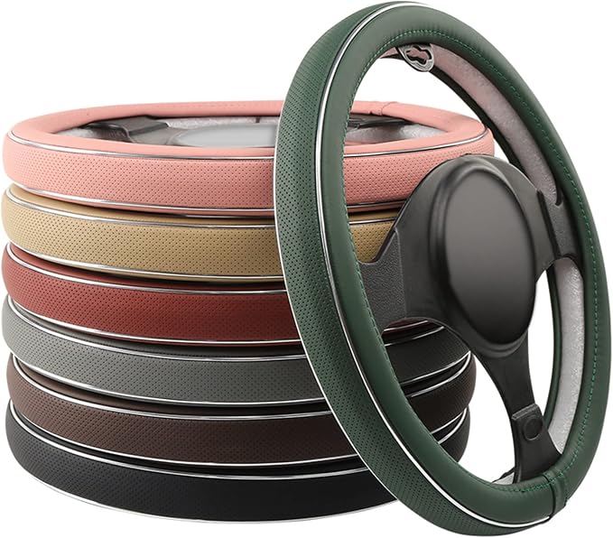 ALEMODR Gray Leather Steering Wheel Cover Silver Fiber Strip Car Steering Wheel Cover Universal 15 inch for Men