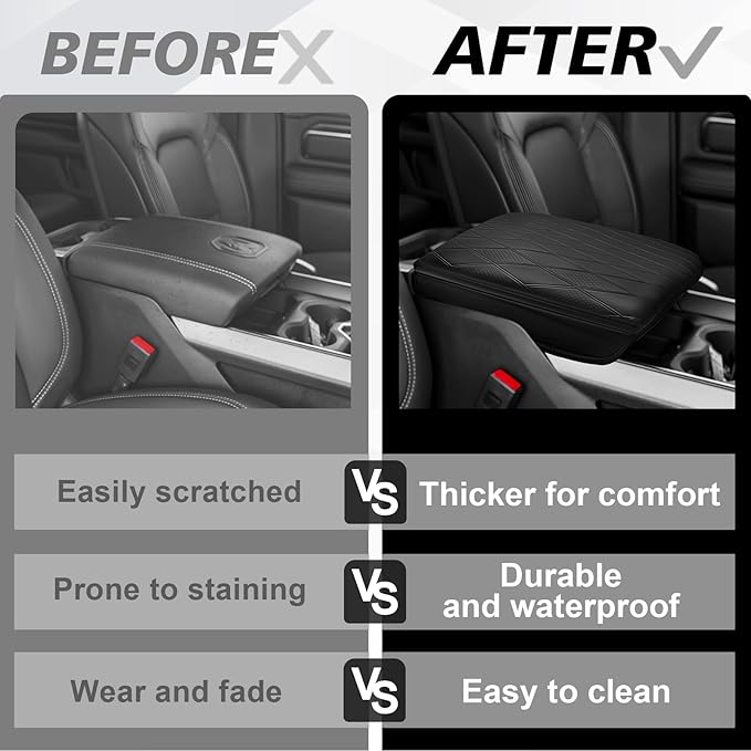 Muslogy Center Console Armrest Cover Fit for Ram 1500 2500 3500 2019-2026 Accessories, Comfort Armrest Pad Console Lid Cushion Vegan Leather 1-Inch Extra Thick, Bucket Seat ONLY (V2 Diamond Pattern)