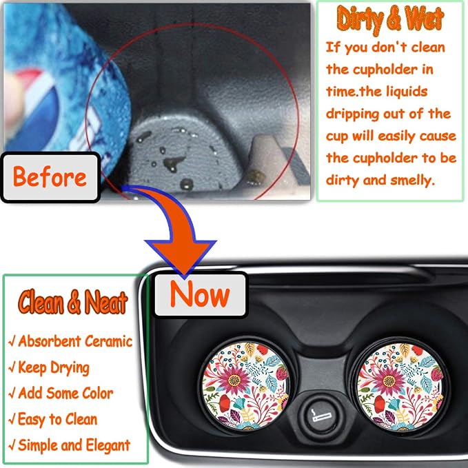 Sunflower Small 2.56" Absorbent Auto Coasters 2 Pack, Ceramic Car Accessories, Absorb Spills to Keep Cupholders Clean