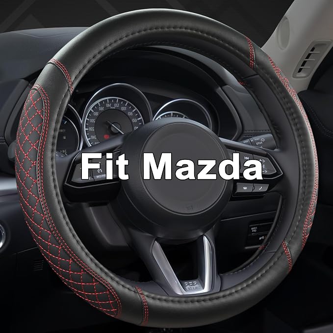 West Llama Car Steering Wheel Cover for Mazda 3,5,6,CX-3,CX-5,CX-30,CX-50,CX9,CX-9,MX-5 Miata,CX-7,RX-8,14.5-15 inches(Diamond Quilted-Black+Red-Standard Size)