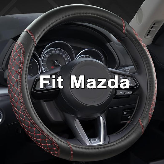 West Llama Car Steering Wheel Cover for Mazda 3,5,6,CX-3,CX-5,CX-30,CX-50,CX9,CX-9,MX-5 Miata,CX-7,RX-8,14.5-15 inches(Diamond Quilted-Black+Red-Standard Size)
