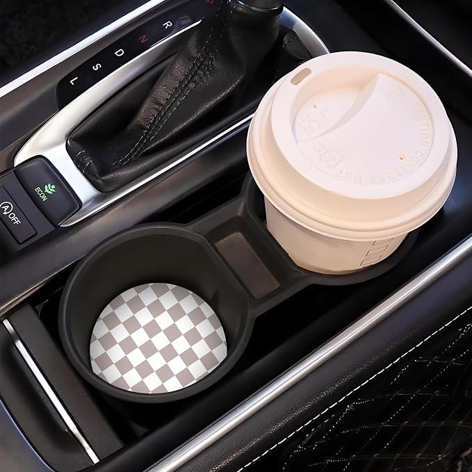 Taupe Checkered Car Coasters for Cup Holder Absorbent Ceramic Cup Coaster 2 Pack Anti Slip Car Interior Accessories with Finger Notch Cork Base for Women Men 2.56"