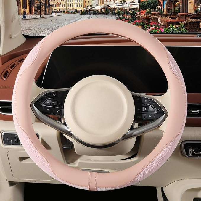 Nappa Leather Ice Silk Fabric Pink Steering Wheel Cover Women | Non-Slip Breathable Soft Car Accessories, Warm in Winter and Cool in Summer Universal 14.5 inch to 15 inch