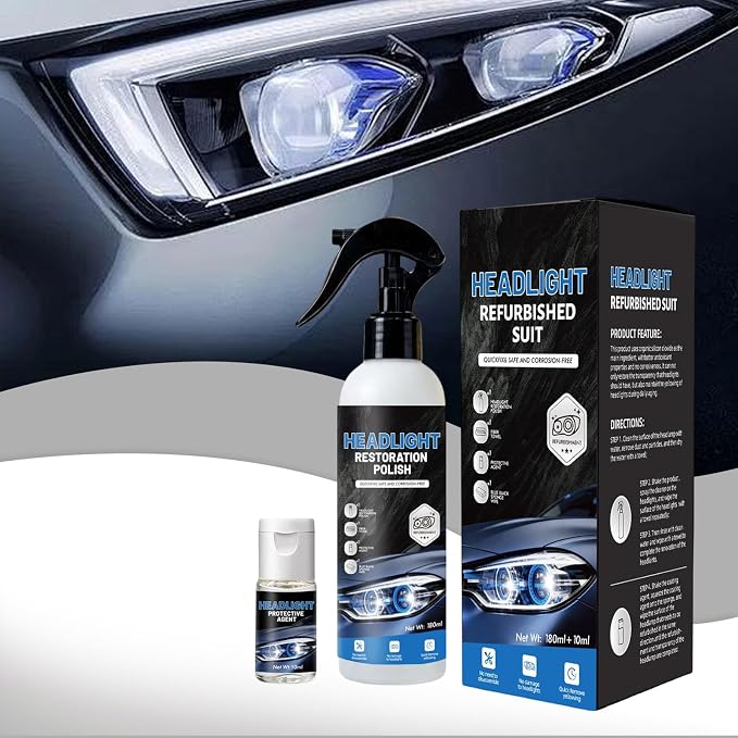 Headlight Restoration Kit, Removes Oxidation & Yellowing, UV Coating | 180ml polish + 10ml ceramic coating, sponge & towel; for cars, trucks, SUVs, motorcycles; long-lasting UV protection