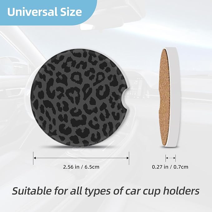 2 Pack Car Coasters for Cup Holders, 2.56" Universal Absorbent Ceramic Stone Car Cup Holder Coasters with Non-Slip Cork Base,Car Interior Accessories for Women Men(Black Leopard Cheetah Print)