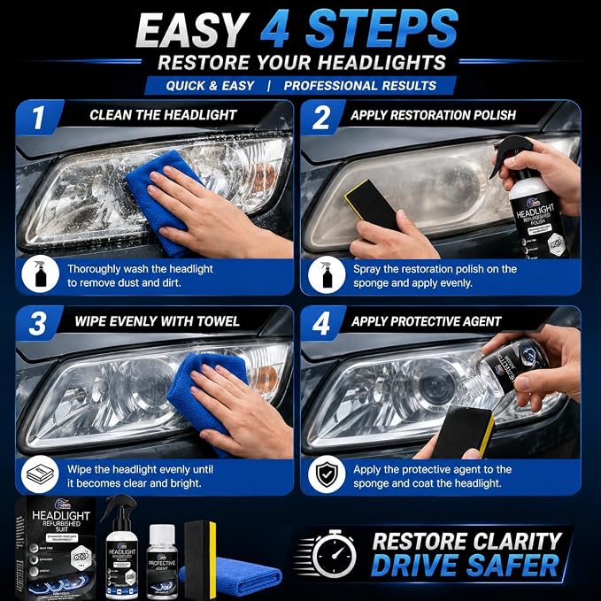 Automotive Headlight Restoration Kit - Fast & Easy Car Headlight Cleaner for Oxidized, Yellowed Headlamps - Refurbishing Fluid Restores Clarity & Brightness for All Vehicle Types