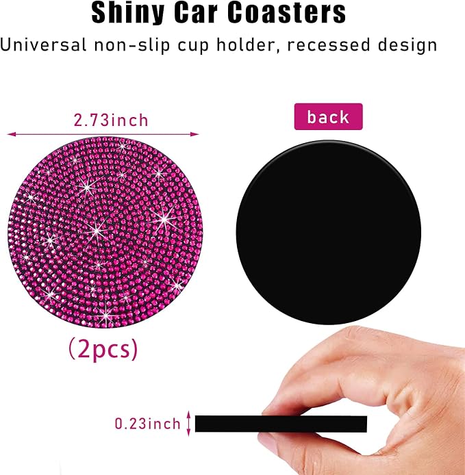 Ziciner 2PCS Bling Car Cup Holder Coaster, 2.73 Inch Anti-Slip Cup Insert Coasters, Crystal Rhinestone Auto Drink Cup Mat, Universal Interior Decor Car Accessories for Women Girls (Rose Red)