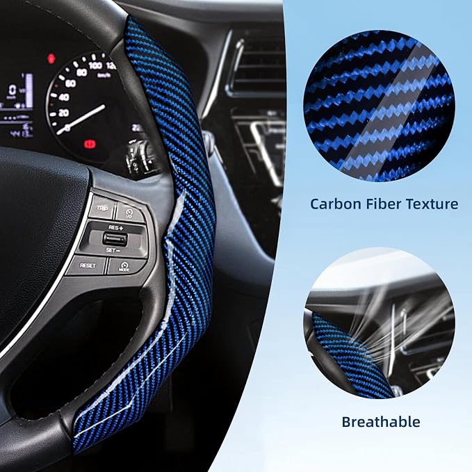 Carbon Fiber Steering Wheel Cover 2PCS Segmented Clip-on Protector (Blue) | Universal Fit, Anti-Slip Lining, Sporty Style, Car Interior Accessory for Men and Women