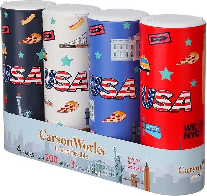 Carson Works Car Tissues Holder 4 Packs Round Car Tissues Cylinder Fit for Car Cup Holder, Home Small Tissue Dispenser with Refill Tissues for Car Bathroom Office