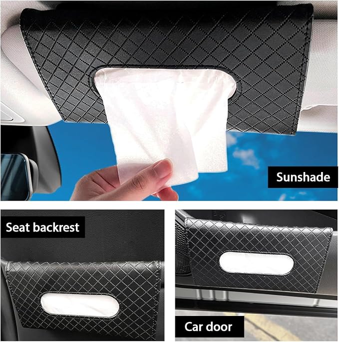 Car Tissue Holder, Leather Sun Visor Hanging Napkin Holder with Tissue Refill, Clip-On Visor Mask Dispenser Premium Paper Towels Case for Vehicles, Universal Car Accessories (Black)