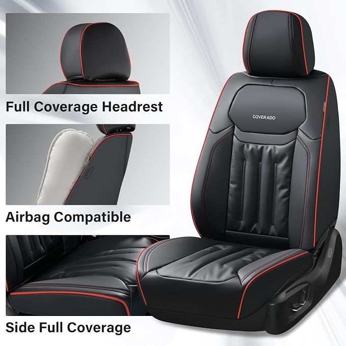 Coverado Car Seat Covers, Nappa Leather Waterproof Seat Cover, Car Seat Protector, Automotive Seat Covers Universal Fit for Most Cars, (Front, Black&Red Line)
