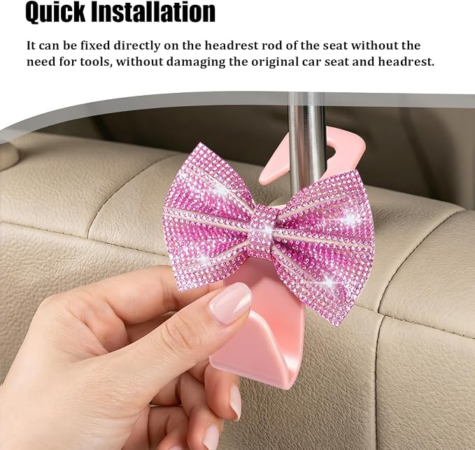 2PCS Bling Bow Headrest Hooks, Car Seat Bag Hangers, Pink | Pvc and rhinestone construction, butterfly bow decoration, rear seat storage, bag and coat hanging, car interior accessories