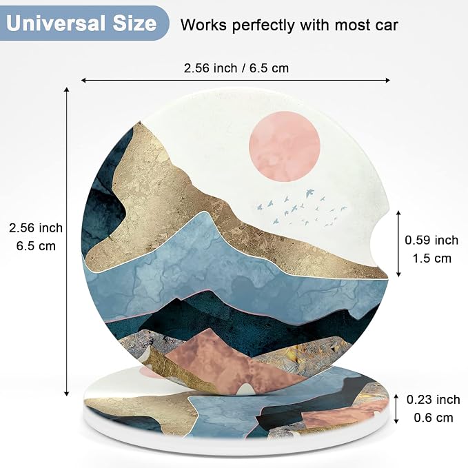 Nipichsha Car Coasters for Cup Holders, 2 Pack Absorbent Ceramic Car Cup Holder Coaster for Drinks, Cute Auto Assecories for Women Men, Size 2.56 in with Finger Notch & Cork Base, Watercolor Sunrise
