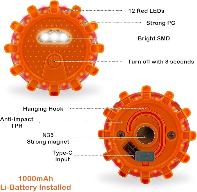 Ecoangel USB-C Rechargeable LED Road Flares Emergency Lights 3 in 1 Cable Roadside Warning Car Safety Beacon Flashing Disc Flare Kit with Magnetic Base for Vehicles