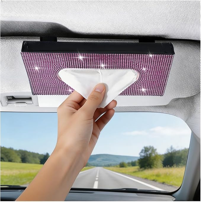 Bling Car Visor Tissue Holder, Shiny Rhinestone Leather Sun Visor Napkin Mask Case Holder Clip, Diamond AUT Paper Tissue Towel Box Dispenser, Universal Fit (Pink/Black)