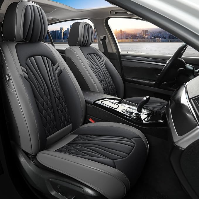 MINGBRON Leather Car Seat Covers,Car Seat Protector Waterproof,Seat Covers Full Set, Car Seat Protectors 5 Seats,Automotive Seat Covers Fit Most Cars Grey&Black