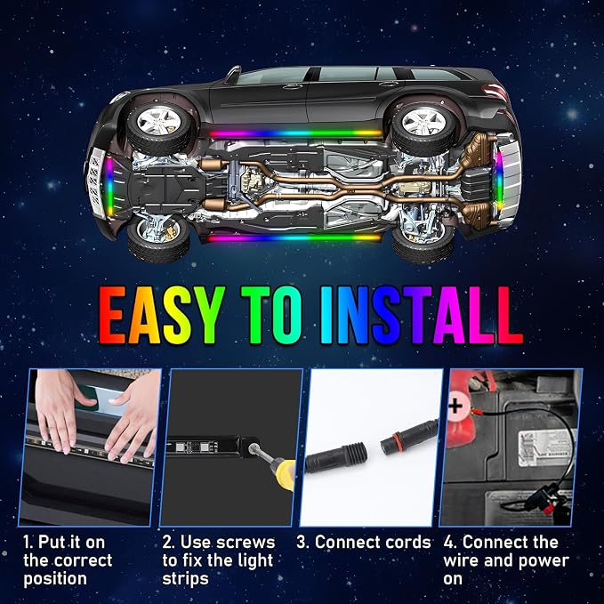 OPP ULITE Car Led Underglow Lights Aluminum Dream Chasing Color Accent Light Bar, RF Remote & APP Control Underglow Light Strip with Red Brake/Yellow Turn Signal/White Reverse Light Kit, 8PC Pack