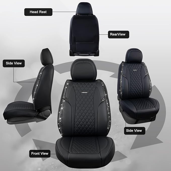 CAR PASS Nappa Leather Seat Covers Front,Black Diamond Bling Car Seat Covers Front Seats Luxury Padded Waterproof,Universal Fit for Cars SUVs,Trucks,Anti-Slip,Glitter Sparkly Shining Black Rhinestone