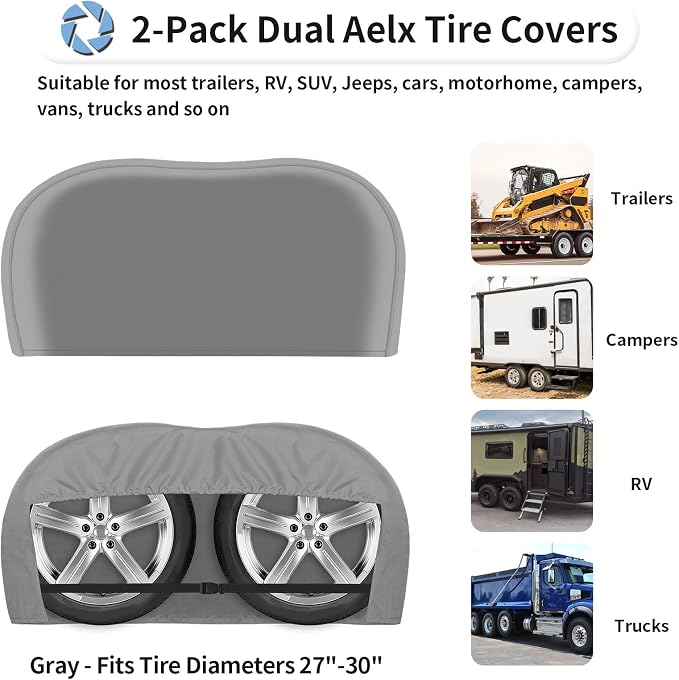 OutdoorLines Waterproof RV Tire Covers Dual Axle Cover | 2 Packs Gray RV Wheel Covers Fit 27"-30" Diameter Double Wheels, Tire Covers for Trailers Camper Trucks Cars Jeeps Vans