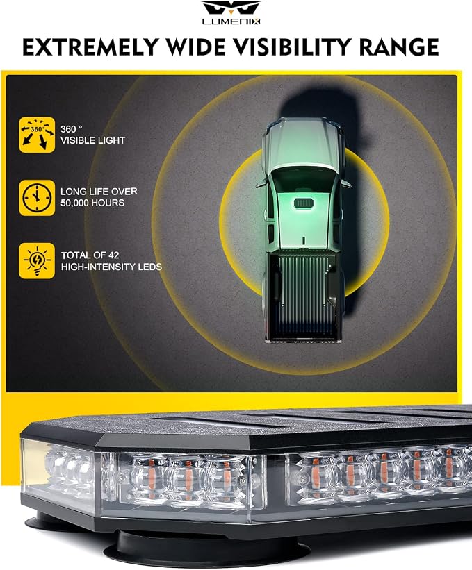 LUMENIX 42 LED Green Rooftop Strobe Beacon Light Bar with Controller | Magnetic Mount Hazard Caution Warning Light for Tow Trucks, Snowplows, Work Cars, Utility Vehicles, Patent Design