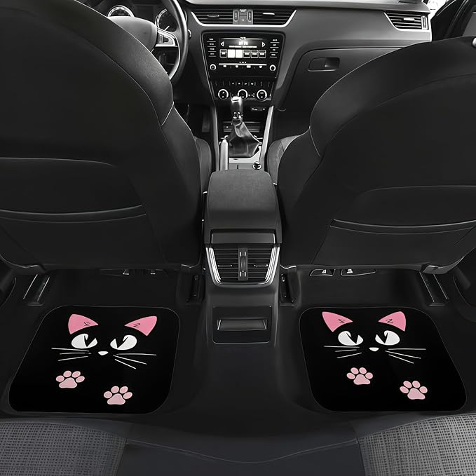 Universal Fit Car Floor Mats Set of 4Pcs, Pink Cartoon Cat All-Weather Front Rear Car Carpet Mats, Non-Slip Car Floor Mat Car Accessories for Automotive Trucks SUV Sedans Vans