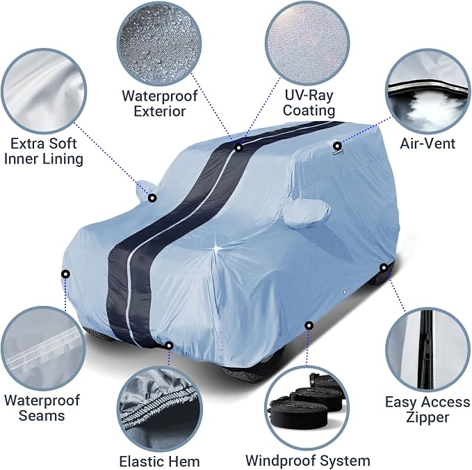 iCarCover Premium Heavy Duty SUV Car Cover - Waterproof All Weather Rain Snow UV Protection, Blazer K5, LR3, LR4, Tahoe 2-Door, RR Sport, Velar, Size S50 (See Size Chart), Stripe - Gray/Black