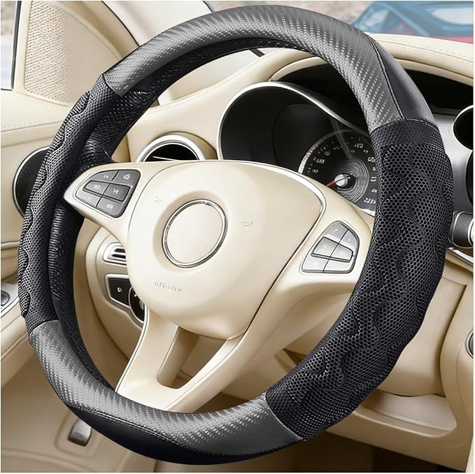 HZEL Car Steering Wheel Cover, Carbon Fiber Breathable Soft Grip Vehicle Steering Wheel Protector with Anti-Slip Lining, Automotive Interior Protective Decor Accessories, Universal Fit (Gray)