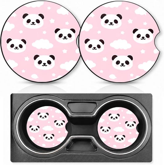 2PCS Panda Car Cup Holder Coasters Neoprene Car Coasters Universal | 2.75" Anti-Slip Rubber Mat with Finger Slot for Vehicle SUV Truck Cute Cars Accessories Panda Gifts for Women Men