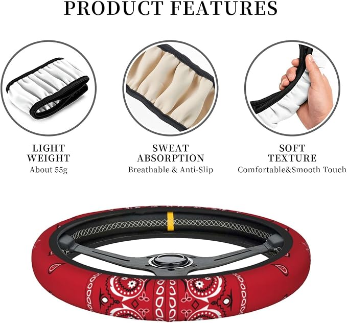 Black Border Red Bandana Colorful Paisley Bandanna Steering Wheel Cover Non-Slip Auto Steering Wheel Protector Car Accessories Universal Fit 15 Inches for Men Women