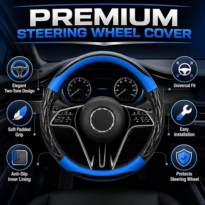 Couslcd 14.5-15 Inch Leather Steering Wheel Cover with Soft Padded Lining, Anti-Slip Comfort Grip, Universal Steering Wheel Protector for Most Cars, SUVs, Trucks (Blue)