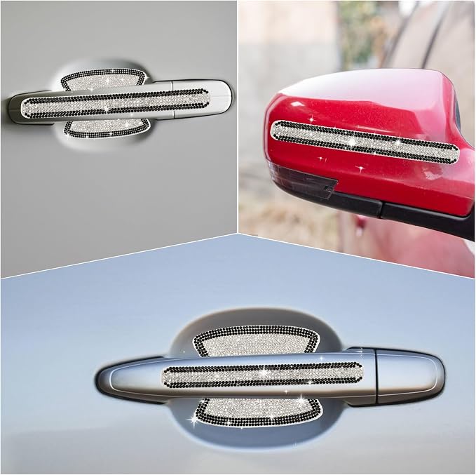 10PCS Car Door Handle Protector Bling Rhinestones Stickers Universal Auto Door Handle Scratch Cover Guard Protective Film Pad with Safety Reflective Strips Bling Car Accessories (Silver and Black)