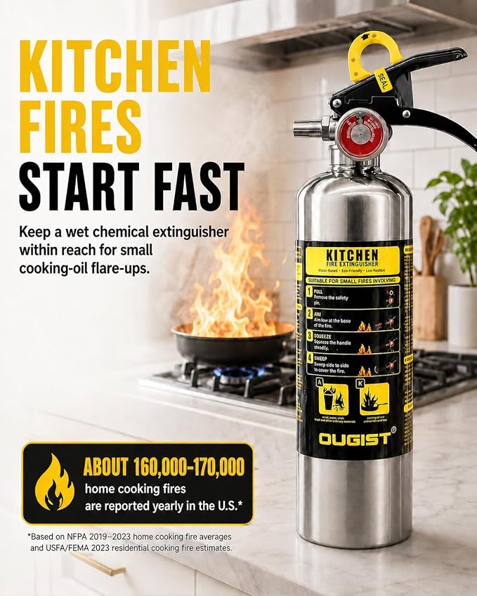 Ougist Class K Fire Extinguisher for Kitchen, 1-A:K, 40 Fl Oz Wet Chemical | For Small Cooking Oil and Grease Fires with Quick-Pull Access and Easier Cleanup for Kitchen and Food Truck Use