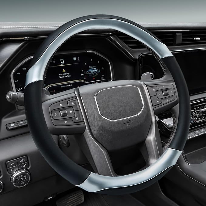 Yangday Leather Steering Wheel Cover for GMC Sierra 1500 2500 3500, 14.5-15 inches Car Steering Wheel Cover with Anti-Slip Massage Particle (Bright Silver)