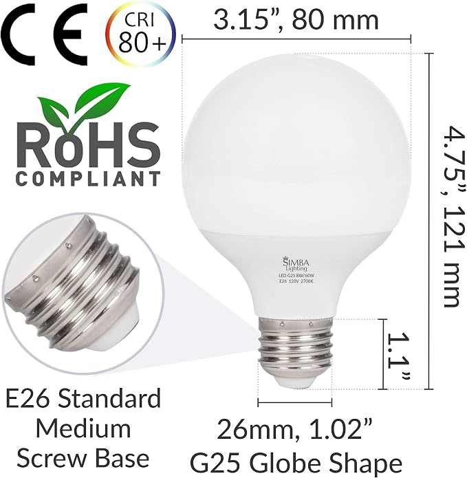 Simba Lighting LED G25 Bulbs 8W 60W Equivalent 120V E26 Warm White, 3 Pack | Decorative White Frosted Cover Globe G80 Light Bulbs for Bathroom Vanity, Makeup Mirror, Standard E26 Medium Base, 2700K
